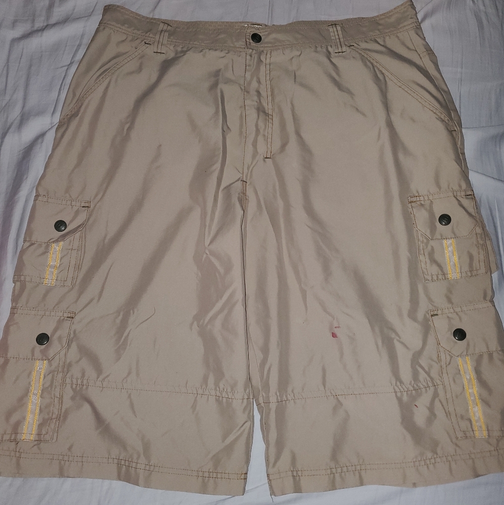 Vintage 90s Macgear Tan Cargo Shorts with Yellow Stitching size 40